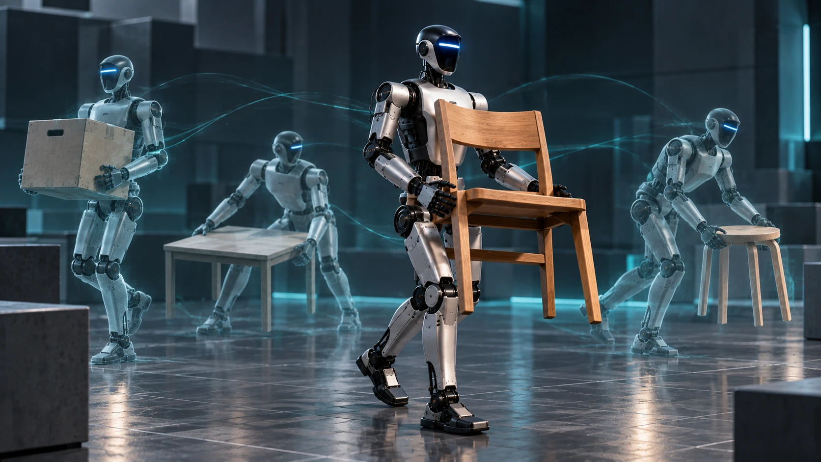 A humanoid robot carrying a chair, surrounded by translucent copies of itself lifting a box, a table and a stool