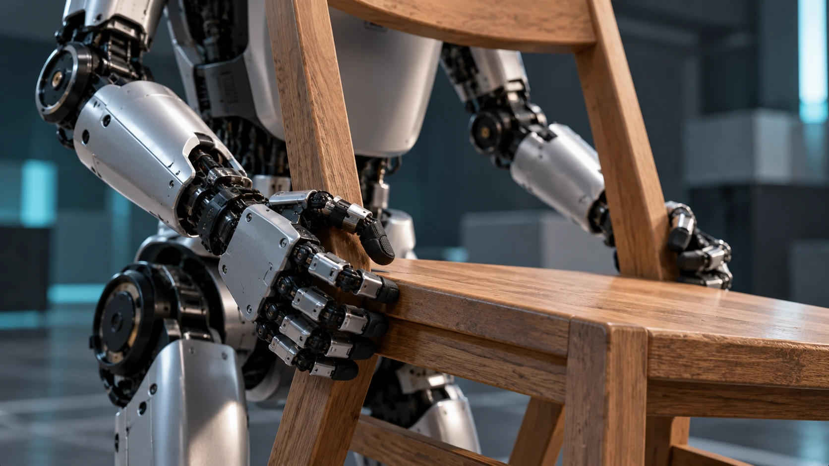 Close-up of a robot hand with jointed fingers gripping the seat of a wooden chair