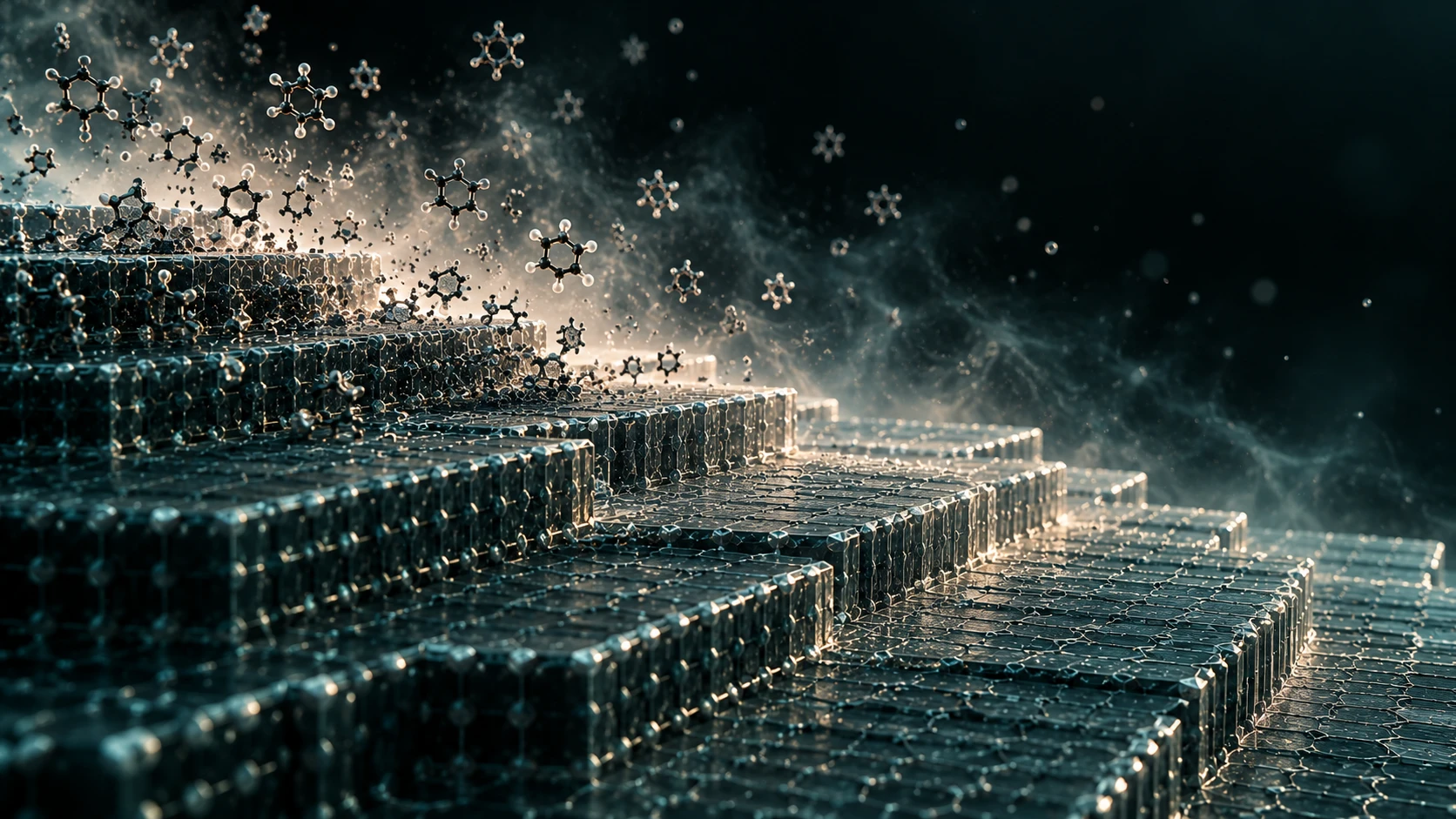 Molecules lifting off the stepped surface of a crystal as a mist, leaving fresh layers below