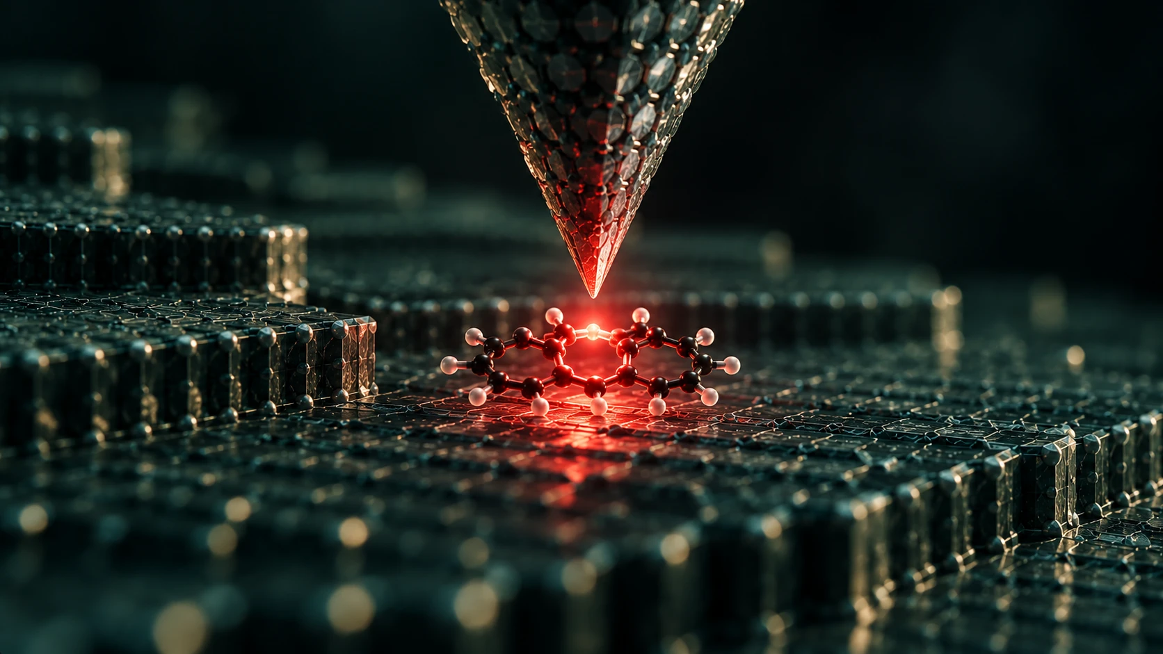 A sharp microscope tip descending toward a single glowing red molecule on a crystal surface