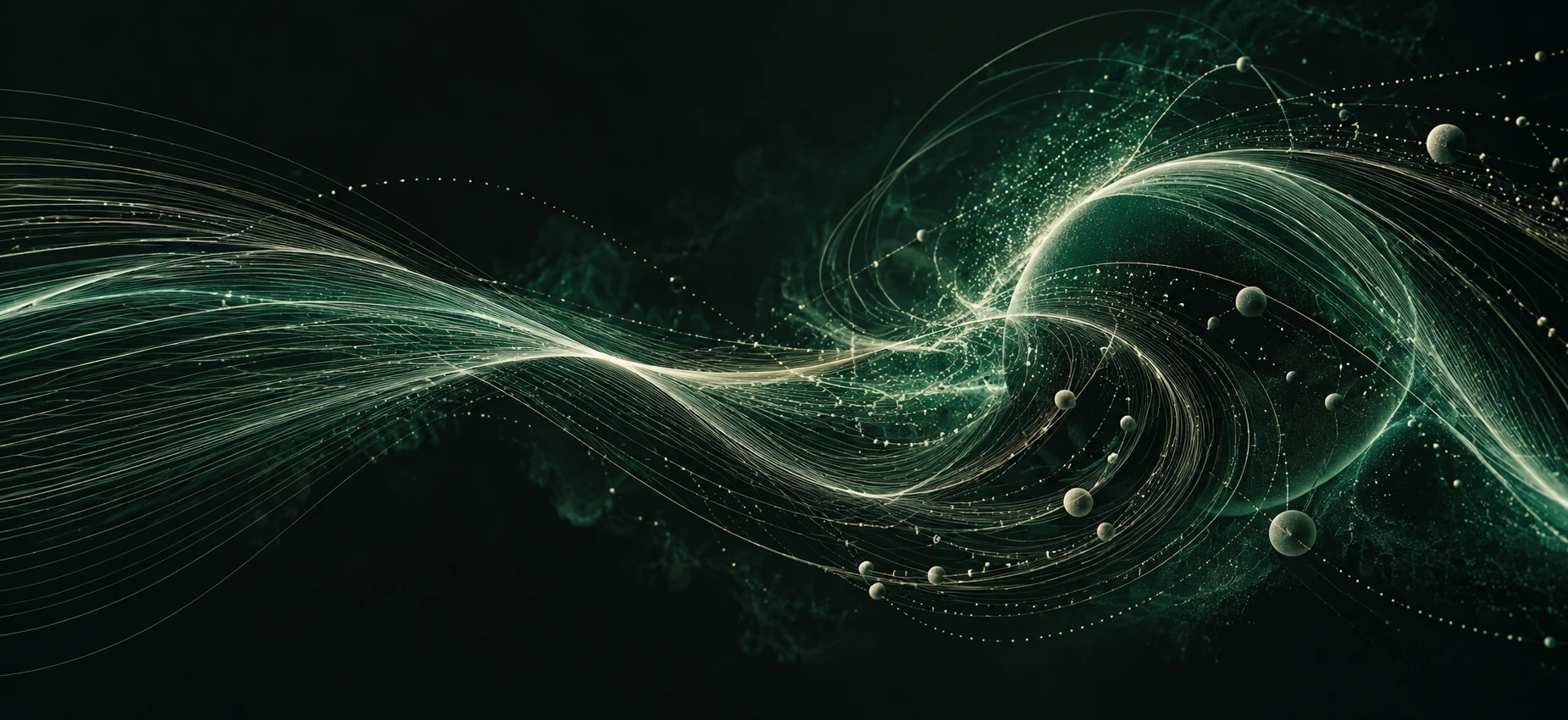 Glowing emerald threads swirling around a dark sphere scattered with small orbs